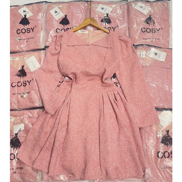 Đầm dạ tay dài cổ bẻ kèm tag đá Cosy (đỏ đô, hồng)