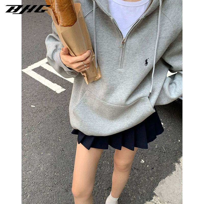 Áo khoác nữ có mũ trùm đầu màu xám 2023 phong cách mới mùa xuân thu lót lông cừu dày áo khoác đầu lỏng lẻo hot-bán thời trang thời trang tren