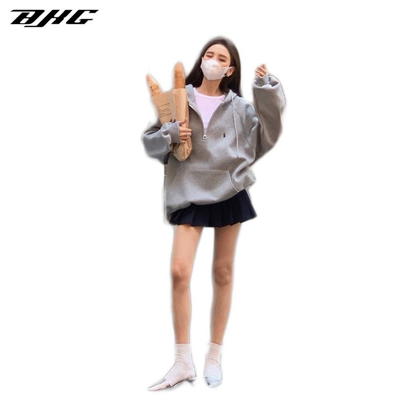 Áo khoác nữ có mũ trùm đầu màu xám 2023 phong cách mới mùa xuân thu lót lông cừu dày áo khoác đầu lỏng lẻo hot-bán thời trang thời trang tren