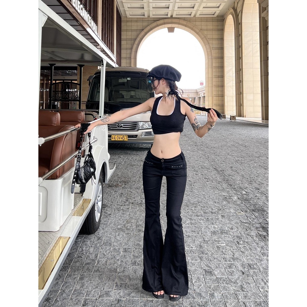 Hot girl retro punk rivets low-eo denim flared pants women skinny buttocks wide-leg slightly floor-mopping long pants trendy