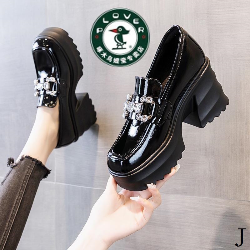 Chim gõ kiến da thật giày cao gót nữ dày-hàm nhẹ 2023 phong cách mới mùa thu phong cách anh giày lười retro ngón chân vuông