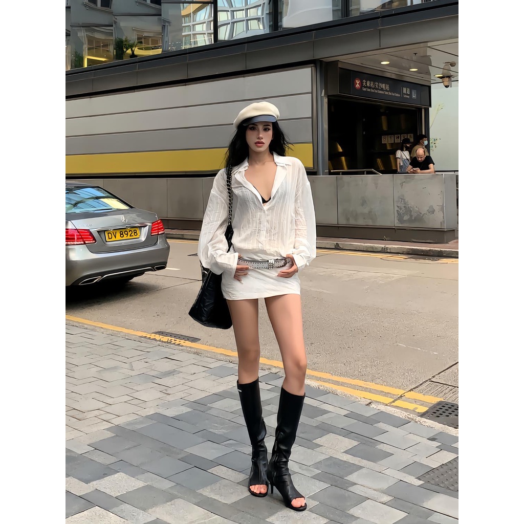 Lazy style urban modern long-leeved dress female striped slightly transparent low-waisted hot girl shirt