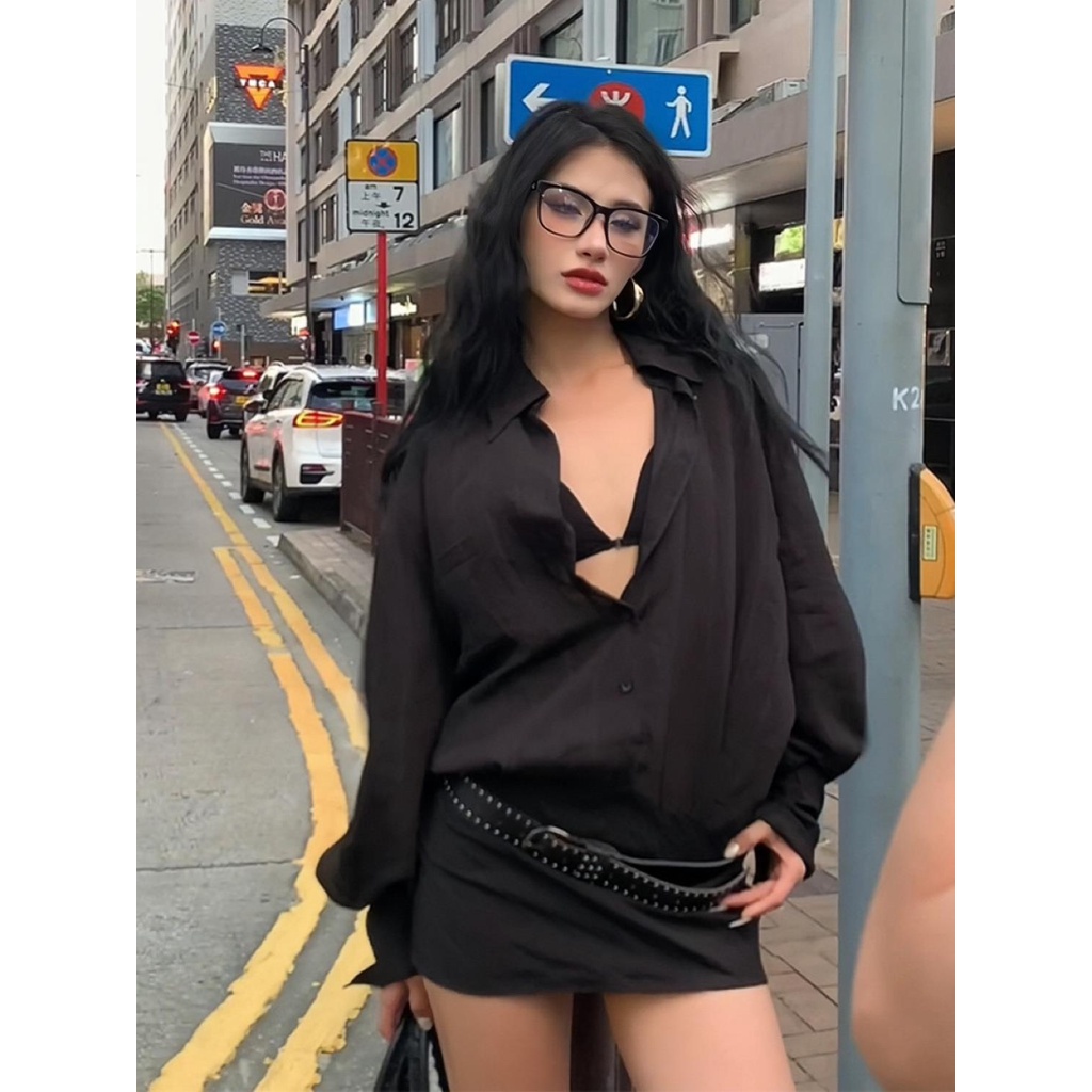Lazy style urban modern long-leeved dress female striped slightly transparent low-waisted hot girl shirt