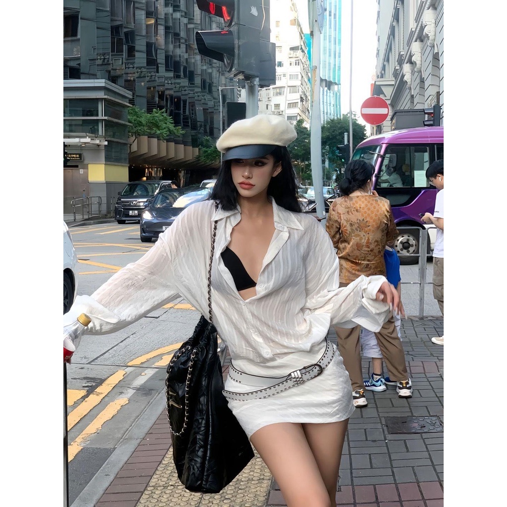 Lazy style urban modern long-leeved dress female striped slightly transparent low-waisted hot girl shirt