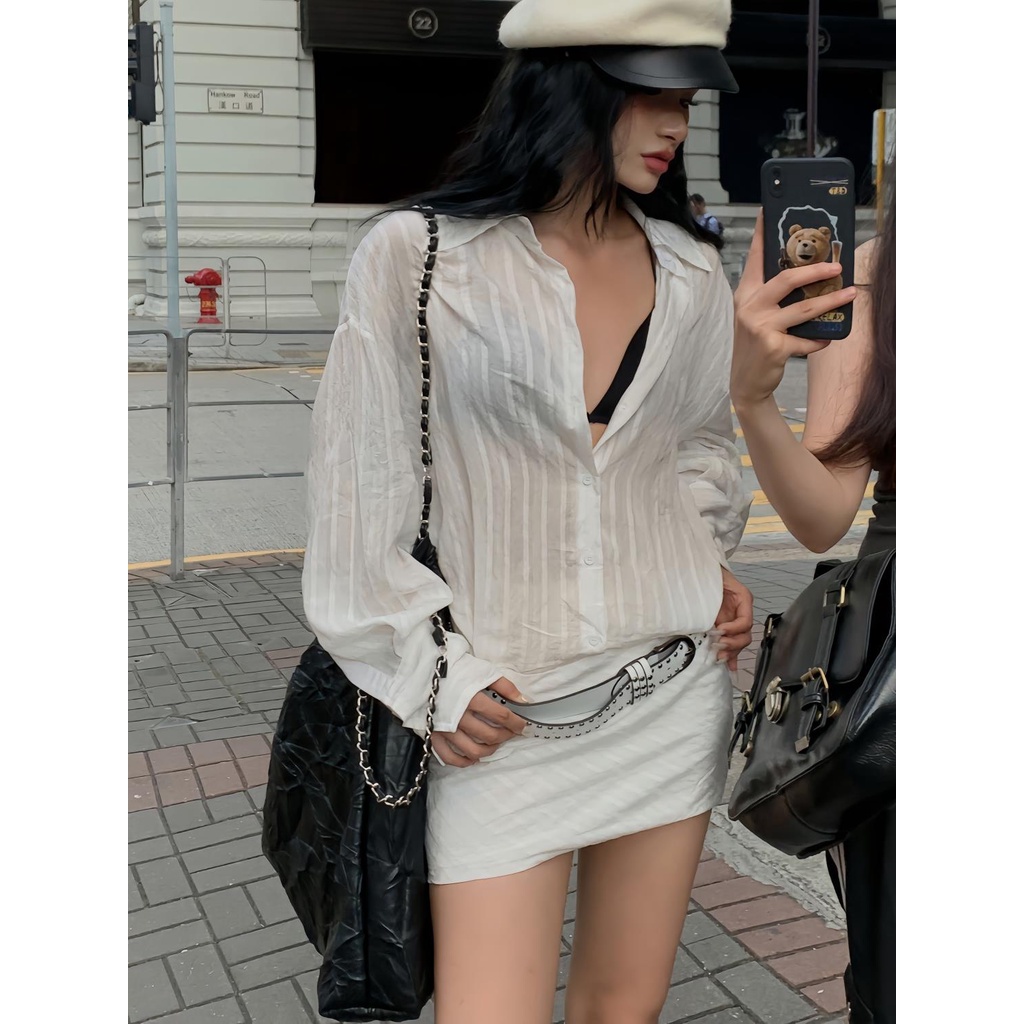 Lazy style urban modern long-leeved dress female striped slightly transparent low-waisted hot girl shirt