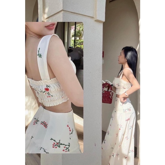 SET ÁO 2D TO NUDE THÊU HOA + CHÂN VÁY MIDI