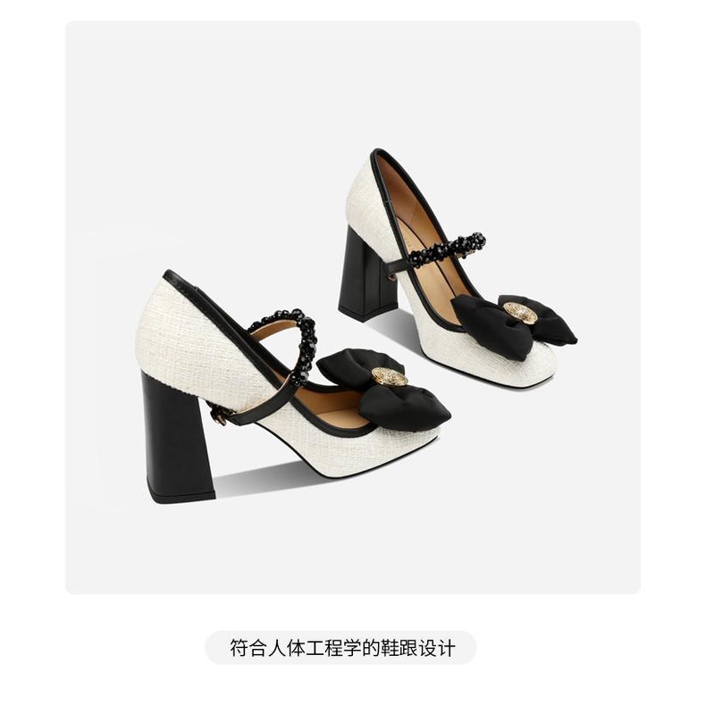 Nơ giày công chúa phụ nữ 2023 giày mùa xuân rhinestone dây đeo phẳng gót dày miệng nông mũi vuông mary jane giày cao gót