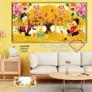 Tranh đính đá 2 ông thần tài tấn tấn lộc , cây tiền d9623-1m2x65cm