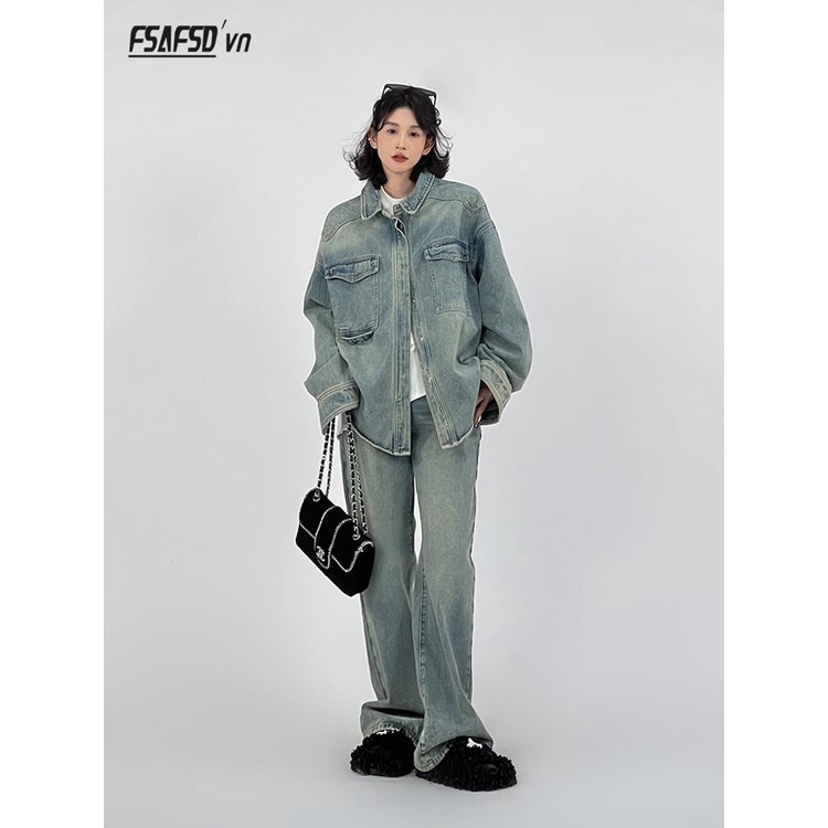 Retro washed denim jacket phù hợp với phụ nữ quần áo mùa xuân thiết kế thích hợp hàn quốc feeling all-match casual top two-piece suit