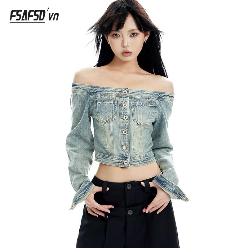 2023 autumn american retro sweet hot girl short style one-shoulder halter long-sleeved tube top denim top outer wear