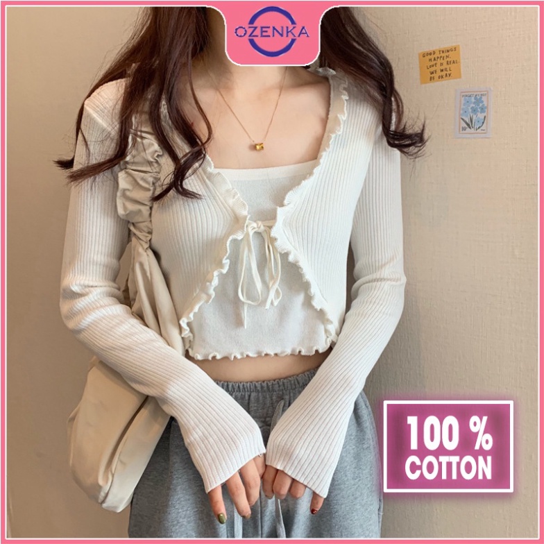 Áo cardigan croptop tay dài nữ OZENKA , áo khoác crt ôm body len gân 100% cotton thân 2 lớp màu đen trắng bánh bèo