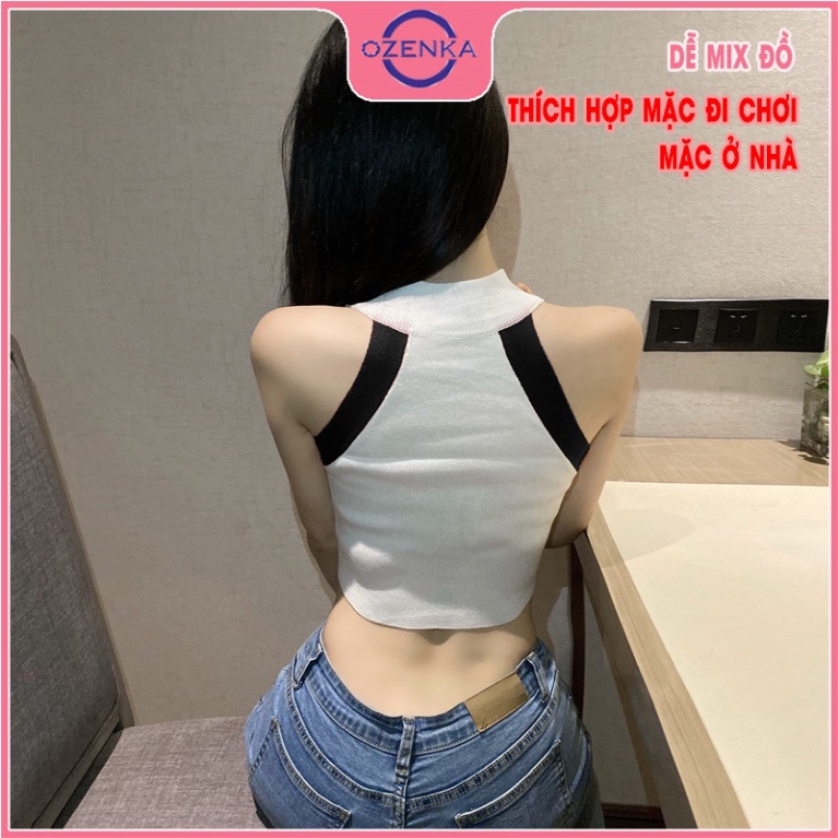 Áo croptop ôm sát nách cổ lọ nữ OZENKA , áo 3 lỗ cải màu chất thun gân cao cấp 100% cotton đen trắng | BigBuy360 - bigbuy360.vn