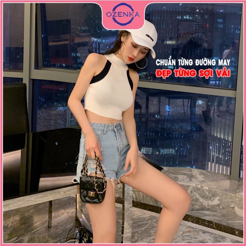 Áo croptop ôm sát nách cổ lọ nữ OZENKA , áo 3 lỗ cải màu chất thun gân cao cấp 100% cotton đen trắng | BigBuy360 - bigbuy360.vn