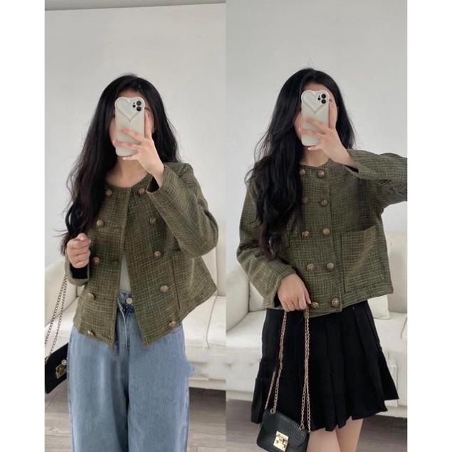Áo Dạ Kẻ RÊU , Áo Dạ Tweed Hai Lớp Quảng Châu Hai Màu Siêu Hot