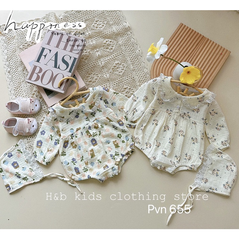Body xô muslin hoa nhí dài tay kèm mũ buộc cực xinh cho bé