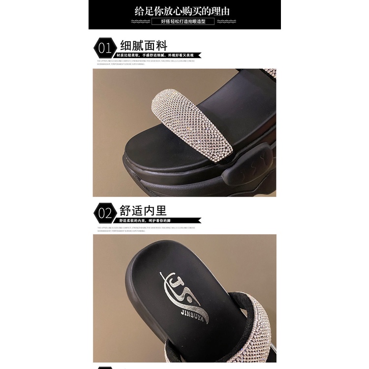 Nêm gót dép phụ nữ mùa hè mặc bên ngoài 2023 phong cách mới bánh xốp dày-khoát rhinestone thời trang flip-flops sand