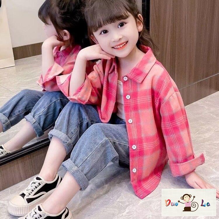 Doula ~ áo sơ mi bé gái spring autumn 2023 phong cách mới thời trang giản dị kẻ sọc dài tay trẻ em phong cách mùa xuân áo khoác bé gái