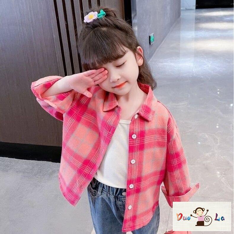 Doula ~ áo sơ mi bé gái spring autumn 2023 phong cách mới thời trang giản dị kẻ sọc dài tay trẻ em phong cách mùa xuân áo khoác bé gái