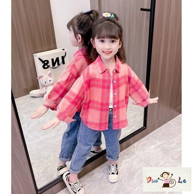 Doula ~ áo sơ mi bé gái spring autumn 2023 phong cách mới thời trang giản dị kẻ sọc dài tay trẻ em phong cách mùa xuân áo khoác bé gái