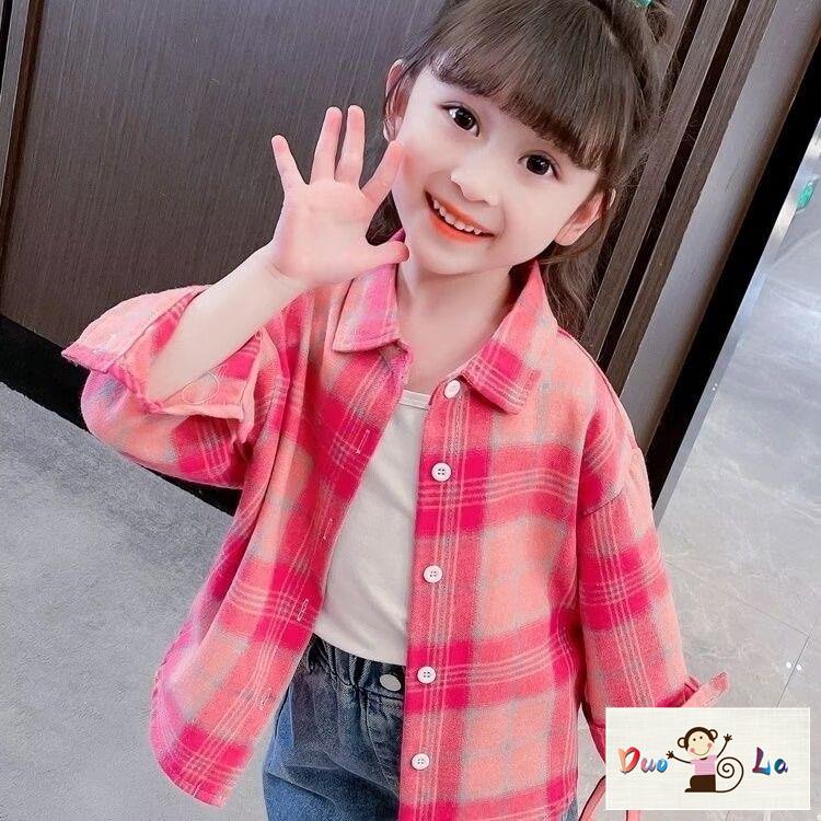 Doula ~ áo sơ mi bé gái spring autumn 2023 phong cách mới thời trang giản dị kẻ sọc dài tay trẻ em phong cách mùa xuân áo khoác bé gái