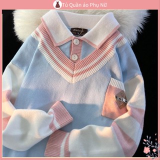 Áo len cardigan dệt kim hoodie kim soft glutinous college style fake two-piece polo collar pullover sweater for women in autumn and winter loose design feeling lazy knit jacket