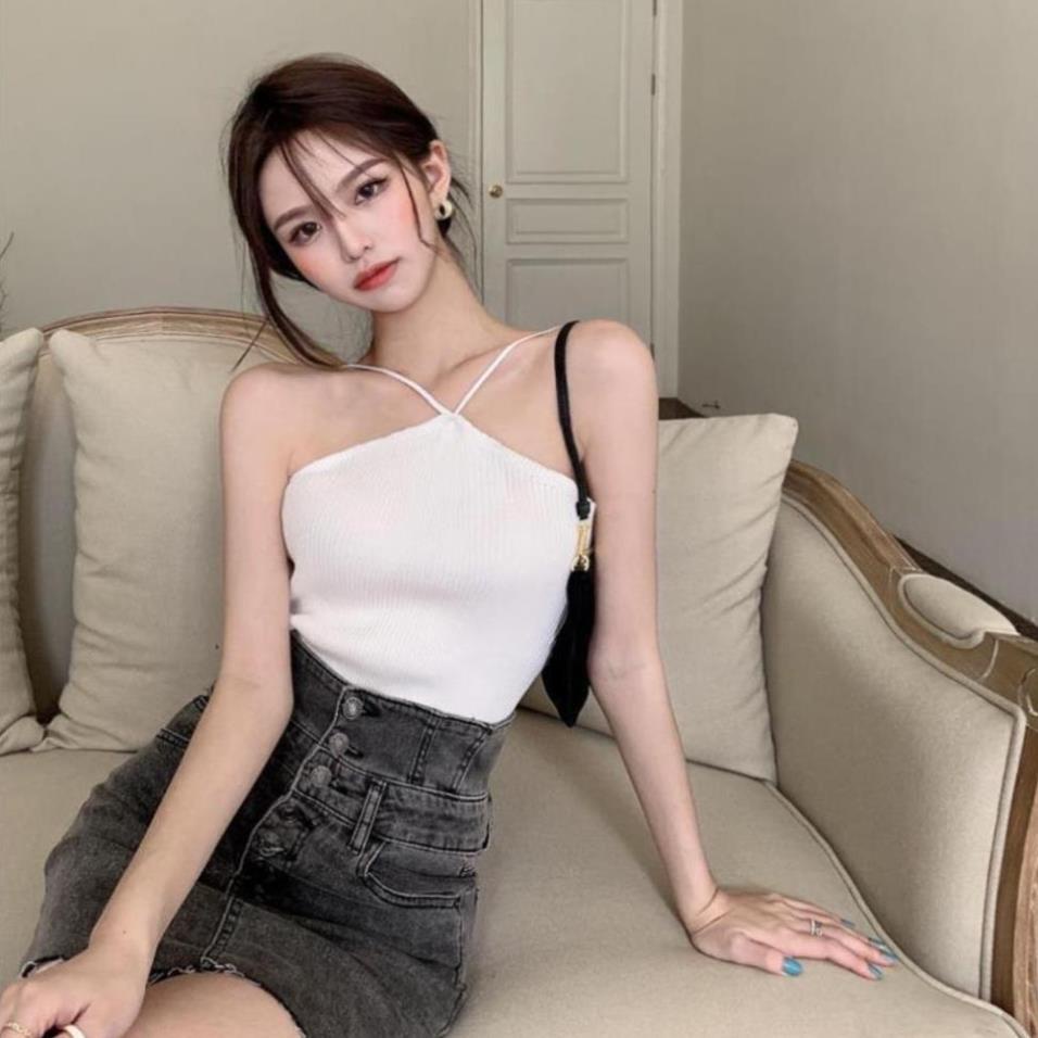 Áo 2 dây croptop dạng yếm, Áo yếm nữ hai dây chất thun gân cực xinh 2D17 | BigBuy360 - bigbuy360.vn