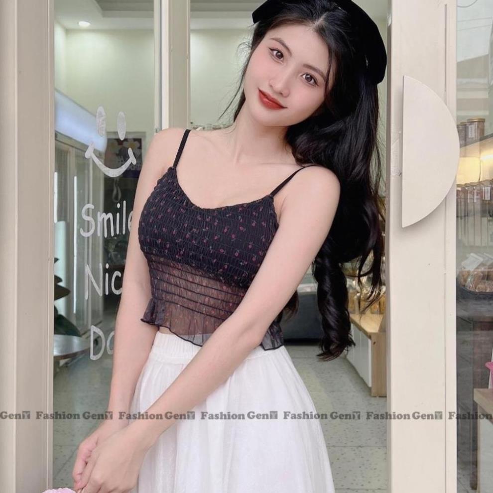 Áo 2 dây nữ GenY có mút ngực phối lưới co giãn in hoa nhí siêu đẹp đi biển cực xinh -2D12- | BigBuy360 - bigbuy360.vn