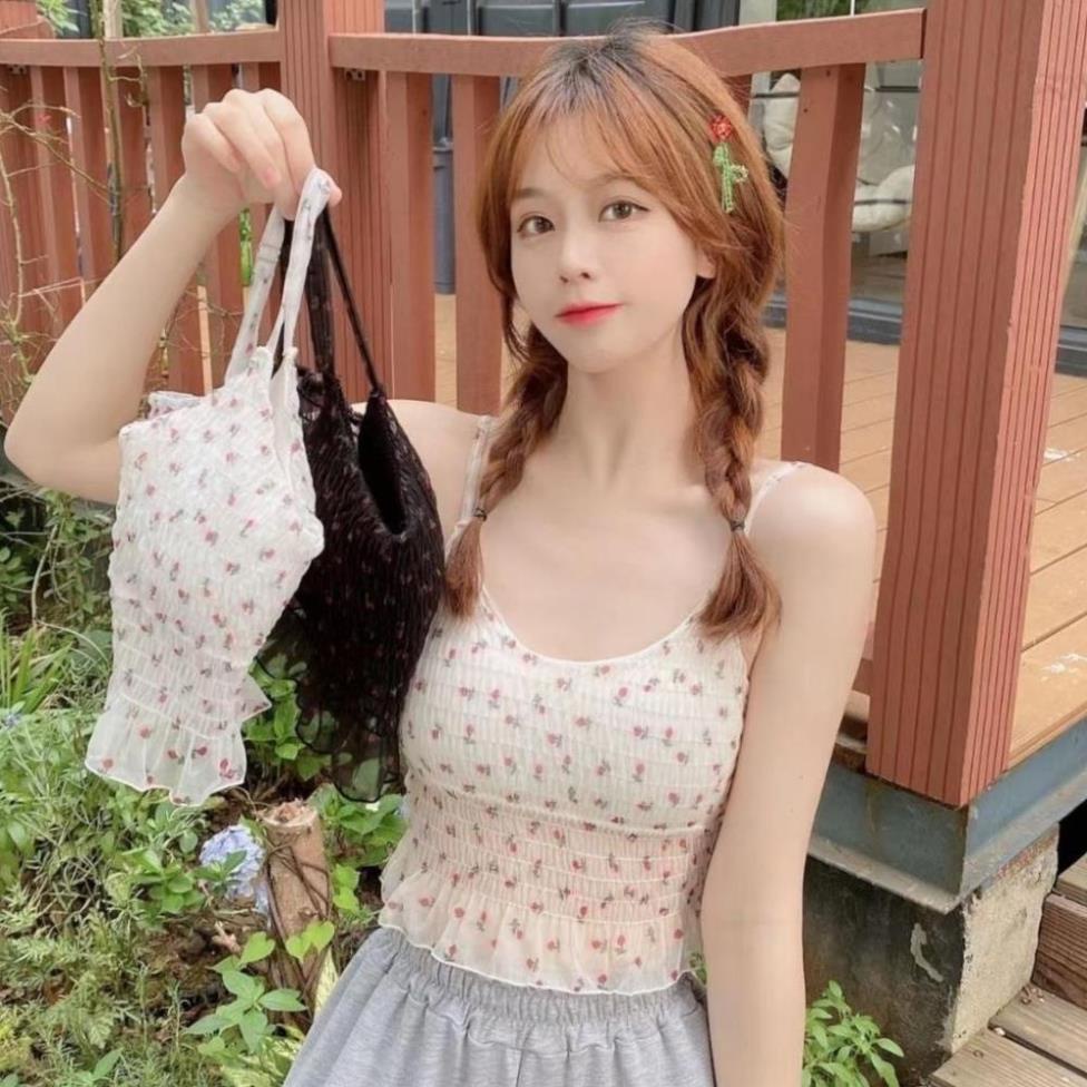 Áo 2 dây nữ GenY có mút ngực phối lưới co giãn in hoa nhí siêu đẹp đi biển cực xinh -2D12- | BigBuy360 - bigbuy360.vn