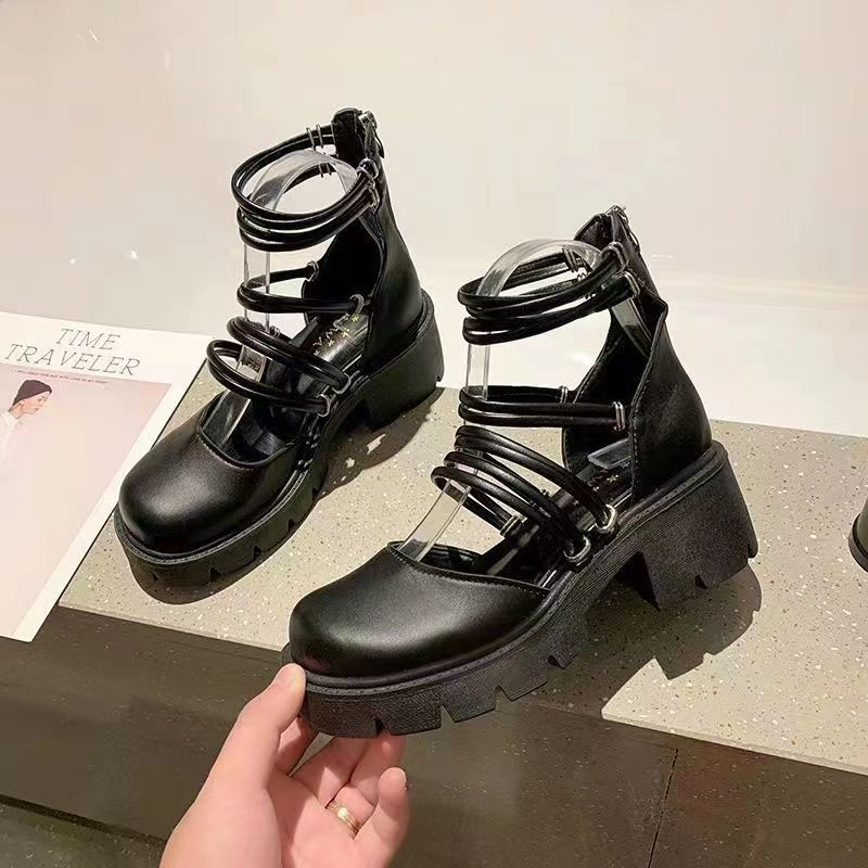 Retro mary jane giày cao gót baotou xăng đan nữ gót dày 2023 dép la mã phong cách anh