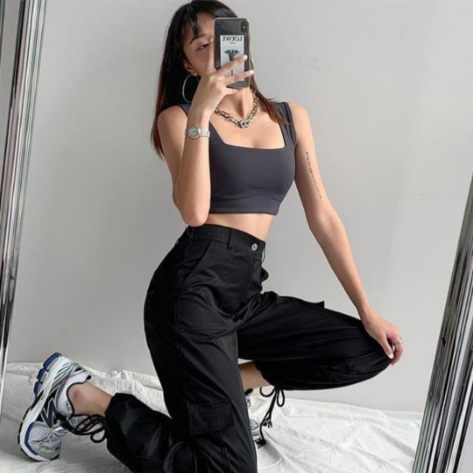 Áo 2 dây bản to có mút ngực cổ vuông Áo croptop hai dây có bigsize ôm body may 2 lớp vải borip dày dặn -2D5- | BigBuy360 - bigbuy360.vn