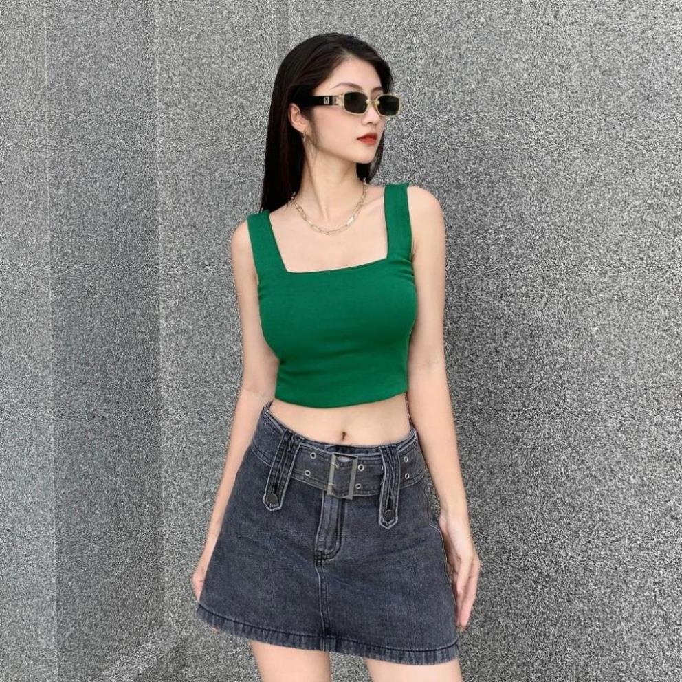Áo 2 dây bản to có mút ngực cổ vuông Áo croptop hai dây có bigsize ôm body may 2 lớp vải borip dày dặn -2D5- | BigBuy360 - bigbuy360.vn