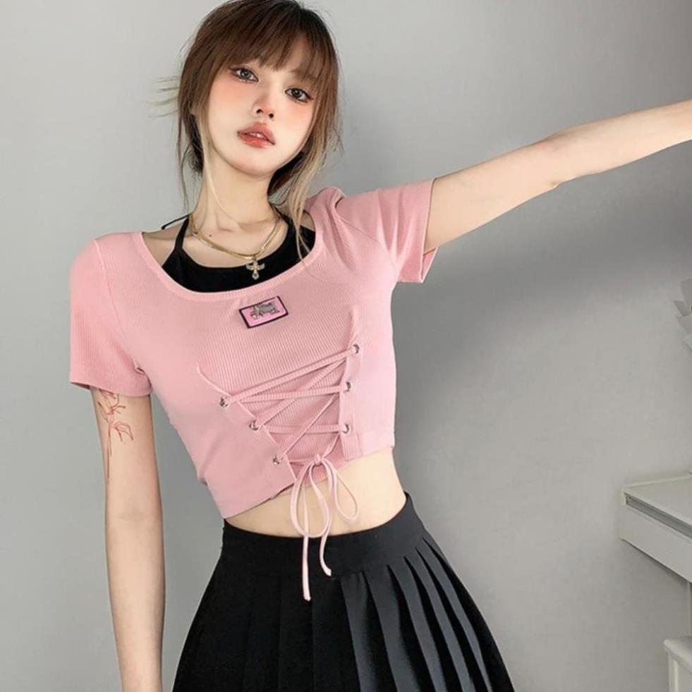 Áo croptop nữ cổ yếm chất vải gân mềm mịn co giãn tốt, Áo kiểu nữ ngắn tay ôm body phối dây cột C21 | BigBuy360 - bigbuy360.vn