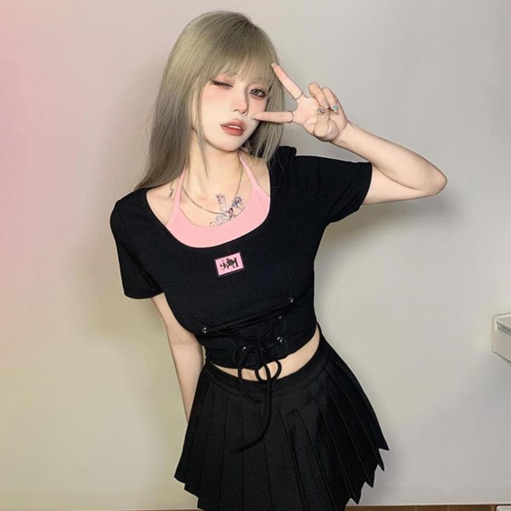 Áo croptop nữ cổ yếm chất vải gân mềm mịn co giãn tốt, Áo kiểu nữ ngắn tay ôm body phối dây cột C21 | BigBuy360 - bigbuy360.vn