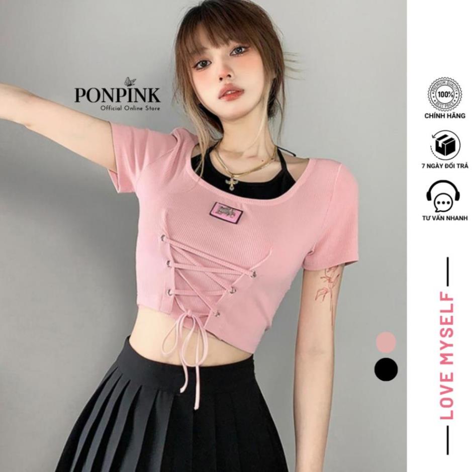 Áo croptop nữ cổ yếm chất vải gân mềm mịn co giãn tốt, Áo kiểu nữ ngắn tay ôm body phối dây cột C21 | BigBuy360 - bigbuy360.vn