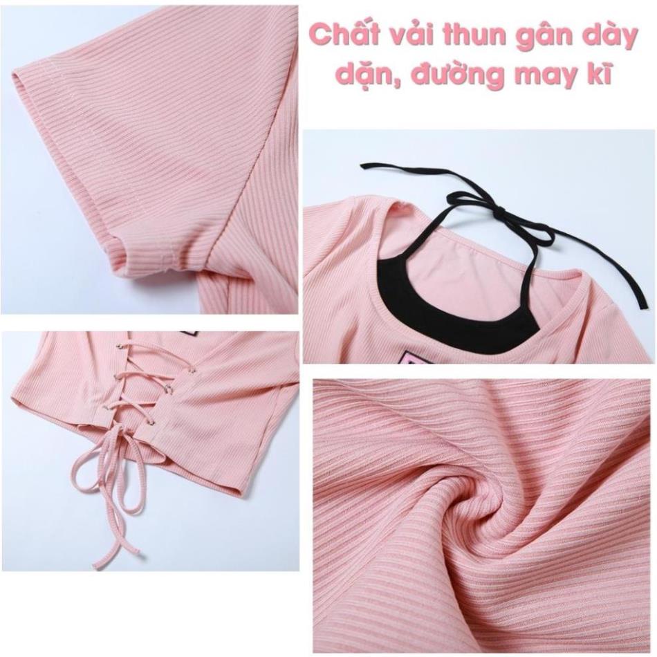 Áo croptop nữ cổ yếm chất vải gân mềm mịn co giãn tốt, Áo kiểu nữ ngắn tay ôm body phối dây cột C21 | BigBuy360 - bigbuy360.vn