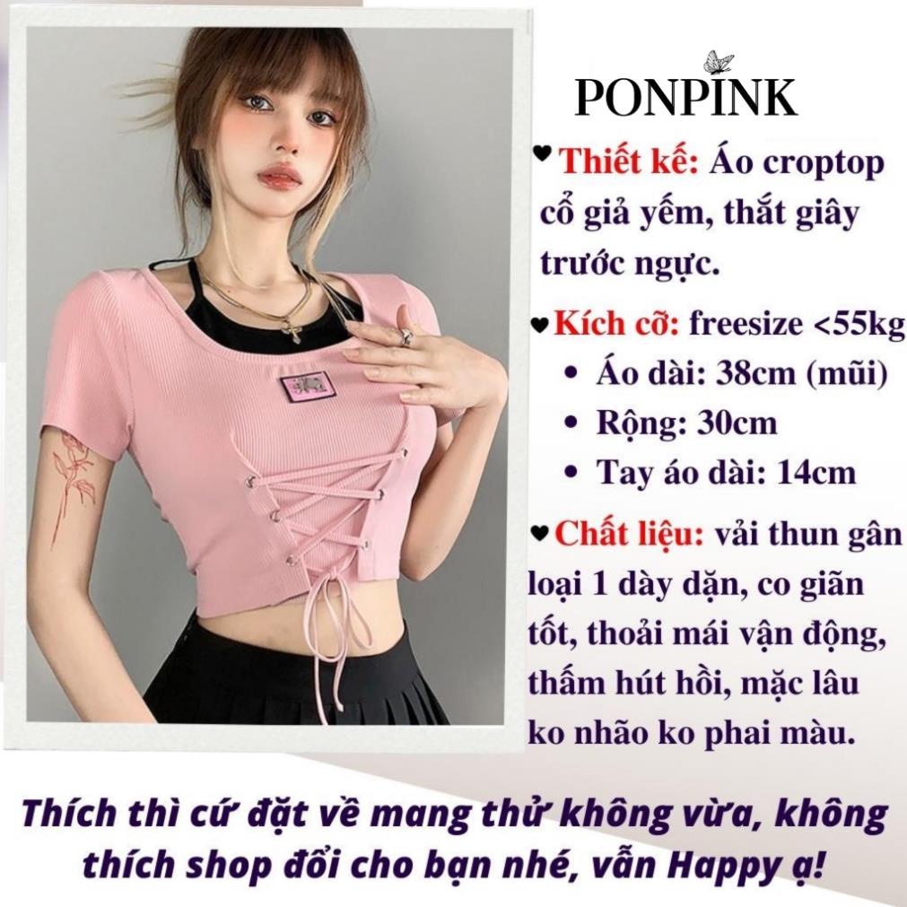 Áo croptop nữ cổ yếm chất vải gân mềm mịn co giãn tốt, Áo kiểu nữ ngắn tay ôm body phối dây cột C21 | BigBuy360 - bigbuy360.vn