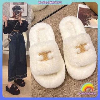 Phong cách mới ấm áp fleece-fleece dép bông phẳng