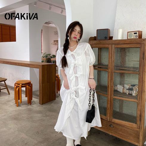 Váy puff sleeve mid-length dress spring summer women's slimmer look design sense little white skirt