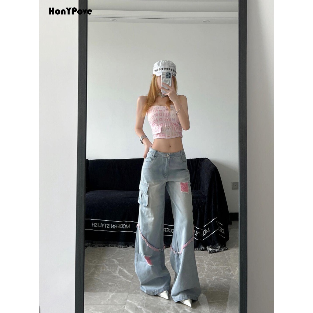 Công nghiệp nặng rửa túi lớn thắt lưng cao mảnh mai hơn nhìn thẳng denim quần ống rộng phụ nữ lỏng lẻo tất cả @ -