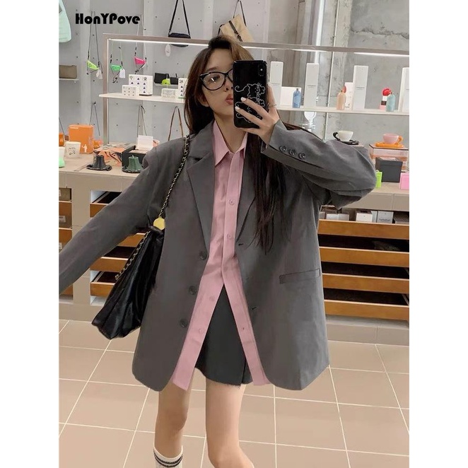Honypove Grey suit jacket top women's autumn high-end suit suit long-sleeved pink shirt layered two-piece suit