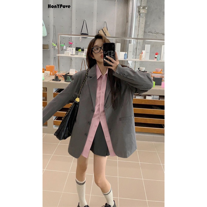 Honypove Grey suit jacket top women's autumn high-end suit suit long-sleeved pink shirt layered two-piece suit