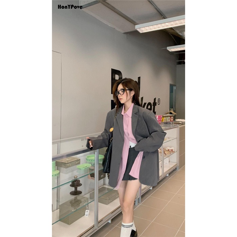 Honypove Grey suit jacket top women's autumn high-end suit suit long-sleeved pink shirt layered two-piece suit