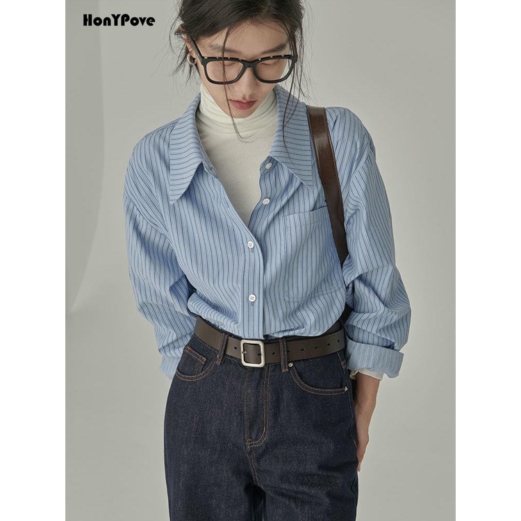 Honypove Áo sơ mi phong cách mới mùa thu phong cách preppy màu xanh sọc lỏng lẻo áo sơ mi dưới cùng phụ nữ