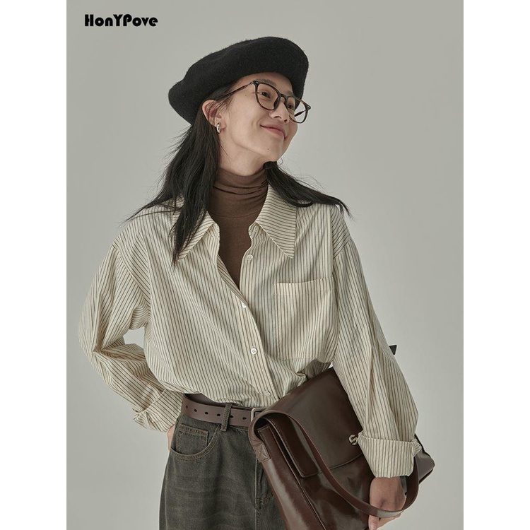 Honypove Áo sơ mi phong cách mới mùa thu phong cách preppy màu xanh sọc lỏng lẻo áo sơ mi dưới cùng phụ nữ