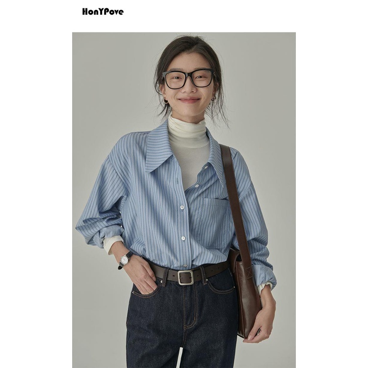 Honypove Áo sơ mi phong cách mới mùa thu phong cách preppy màu xanh sọc lỏng lẻo áo sơ mi dưới cùng phụ nữ