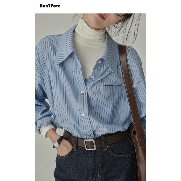 Honypove Áo sơ mi phong cách mới mùa thu phong cách preppy màu xanh sọc lỏng lẻo áo sơ mi dưới cùng phụ nữ