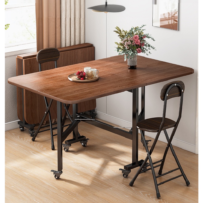 Bàn ăn thông minh di động xếp gọn khung sắt đen mặt óc chó decor phòng khách- GM107