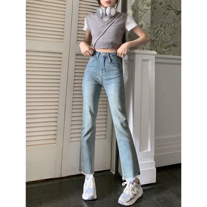 Quần Jean Nữ Ống Đứng Cắt Gấu, Quần Bò Nữ Ống Đứng Tua Rua Cực Xinh KT27