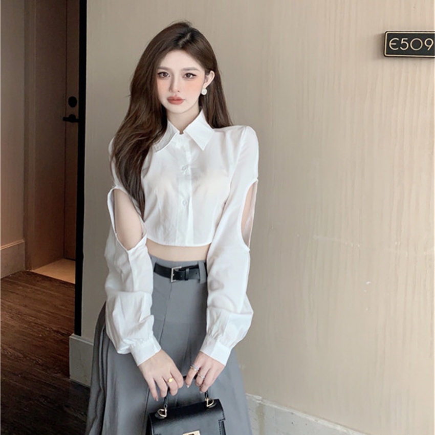 Jiashucheng Áo Sơ Mi Ngắn Mỏng Tay Dài Khoét Lỗ Thời Trang Mùa Thu Hàng Mới 2023 Dành Cho Bạn Nữ