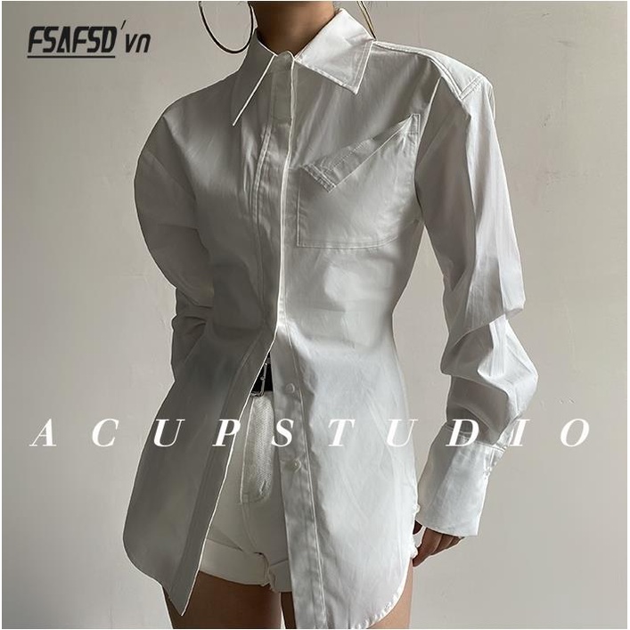 American retro narrow-waisted shirt jacket folded pocket shoulder pads split shirt phụ nữ